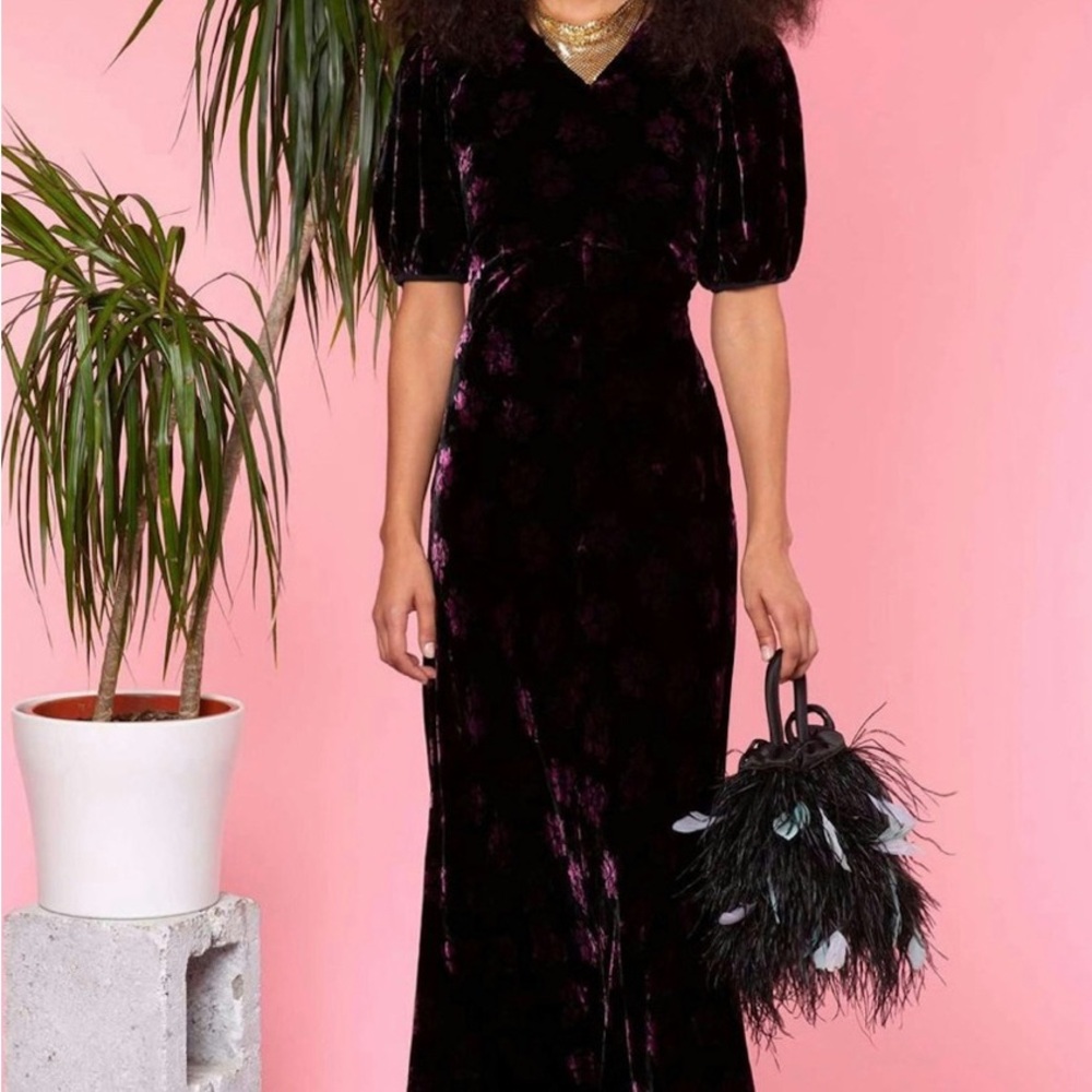 Rixo London Daisy Velvet Shadow Floral Midi Dress Black Pink Silk Size XS